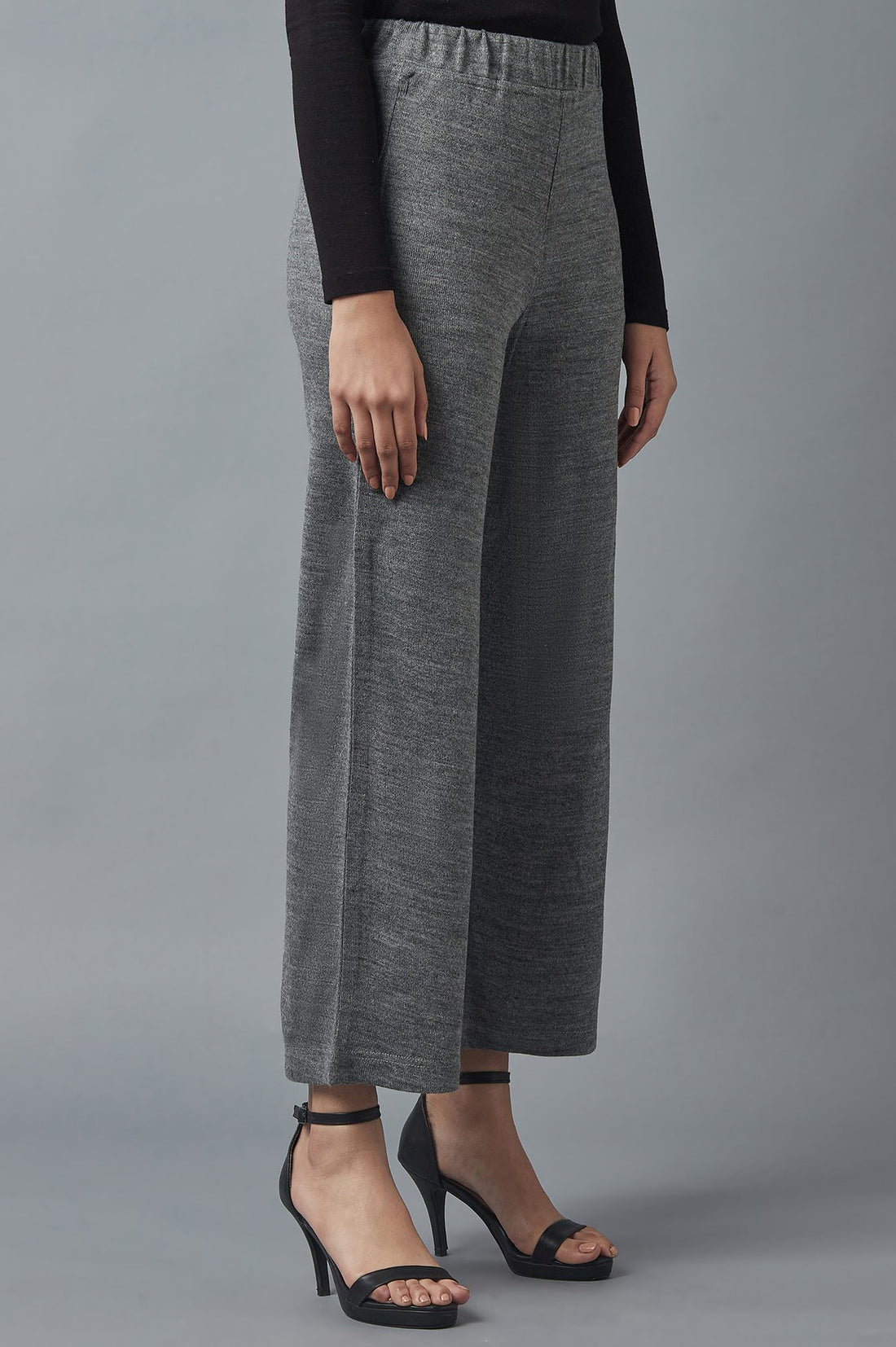 Grey Solid Straight Fit Acrylic Palazzo With Elasticated Waist