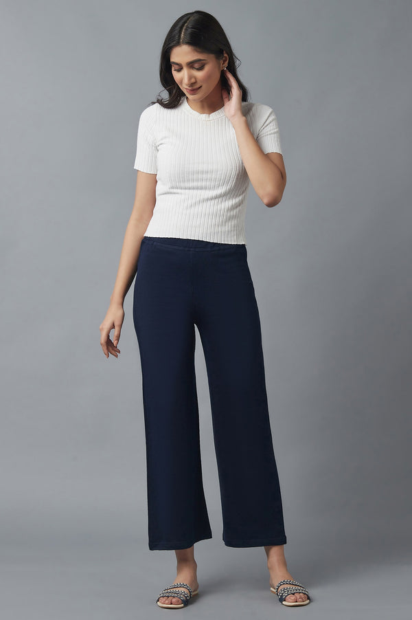 Navy Blue Solid Straight Fit Acrylic Palazzo With Elasticated Waist