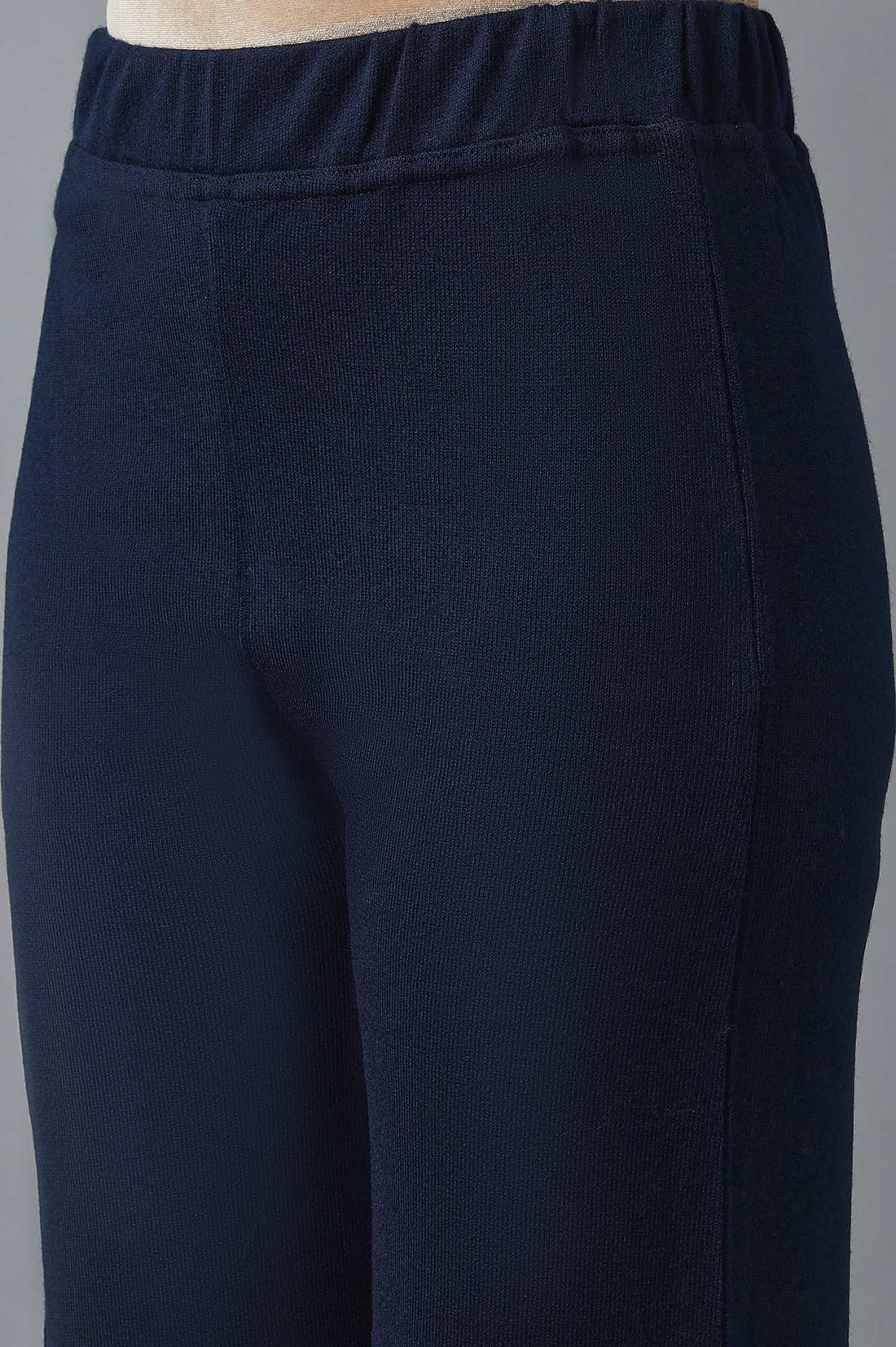 Navy Blue Solid Straight Fit Acrylic Palazzo With Elasticated Waist