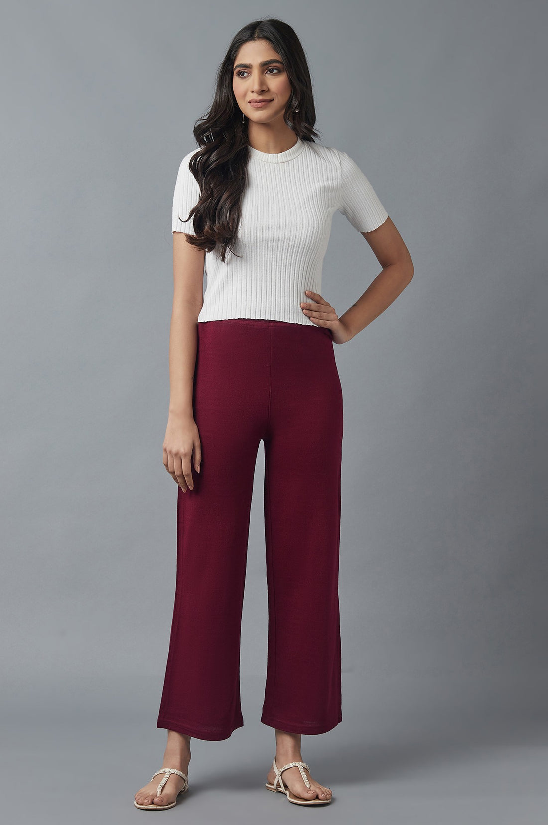 Maroon Solid Straight Fit Acrylic Palazzo With Elasticated Waist