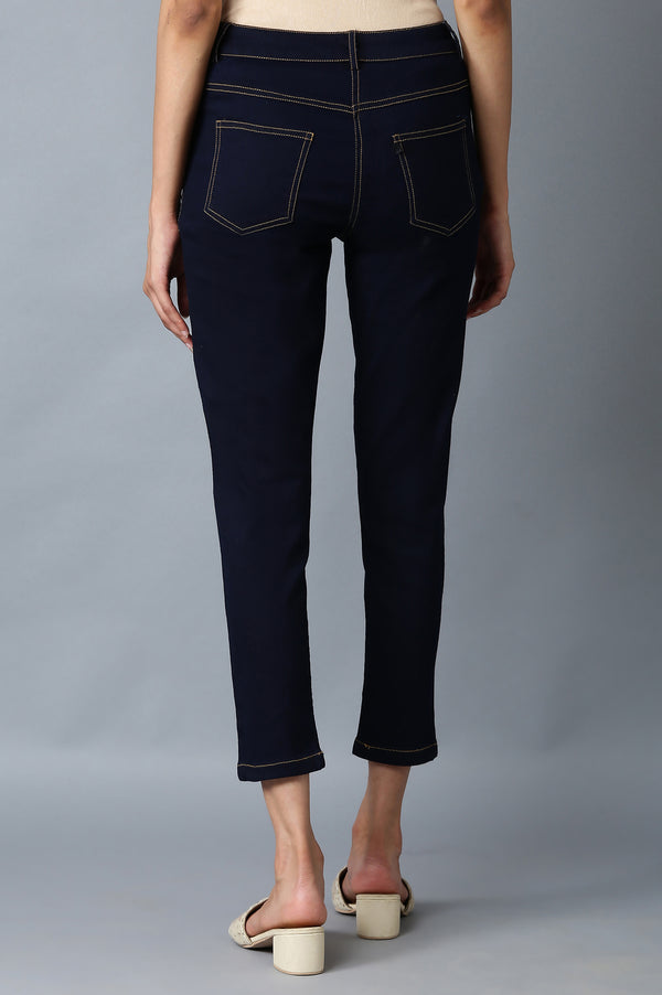 Navy Blue Solid Slim Fit Denim Pants With Front Zip
