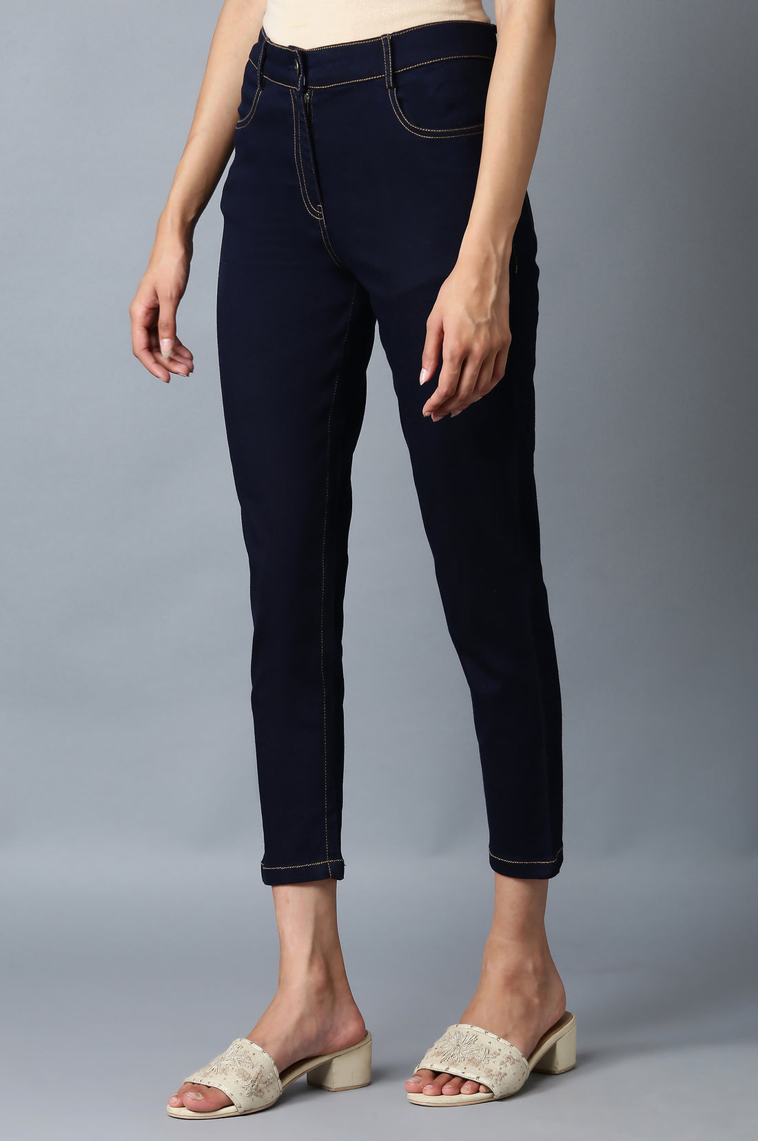 Navy Blue Solid Slim Fit Denim Pants With Front Zip