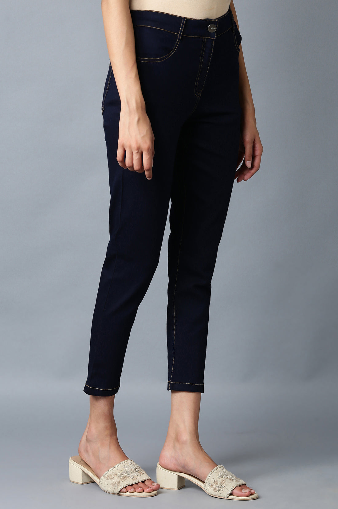 Navy Blue Solid Slim Fit Denim Pants With Front Zip