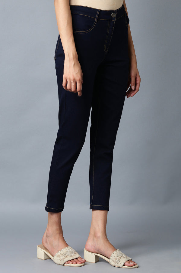 Navy Blue Solid Slim Fit Denim Pants With Front Zip