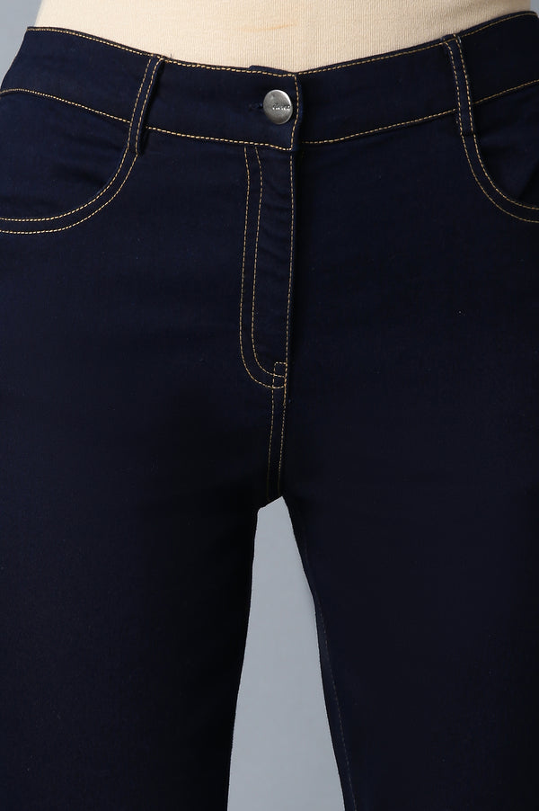 Navy Blue Solid Slim Fit Denim Pants With Front Zip