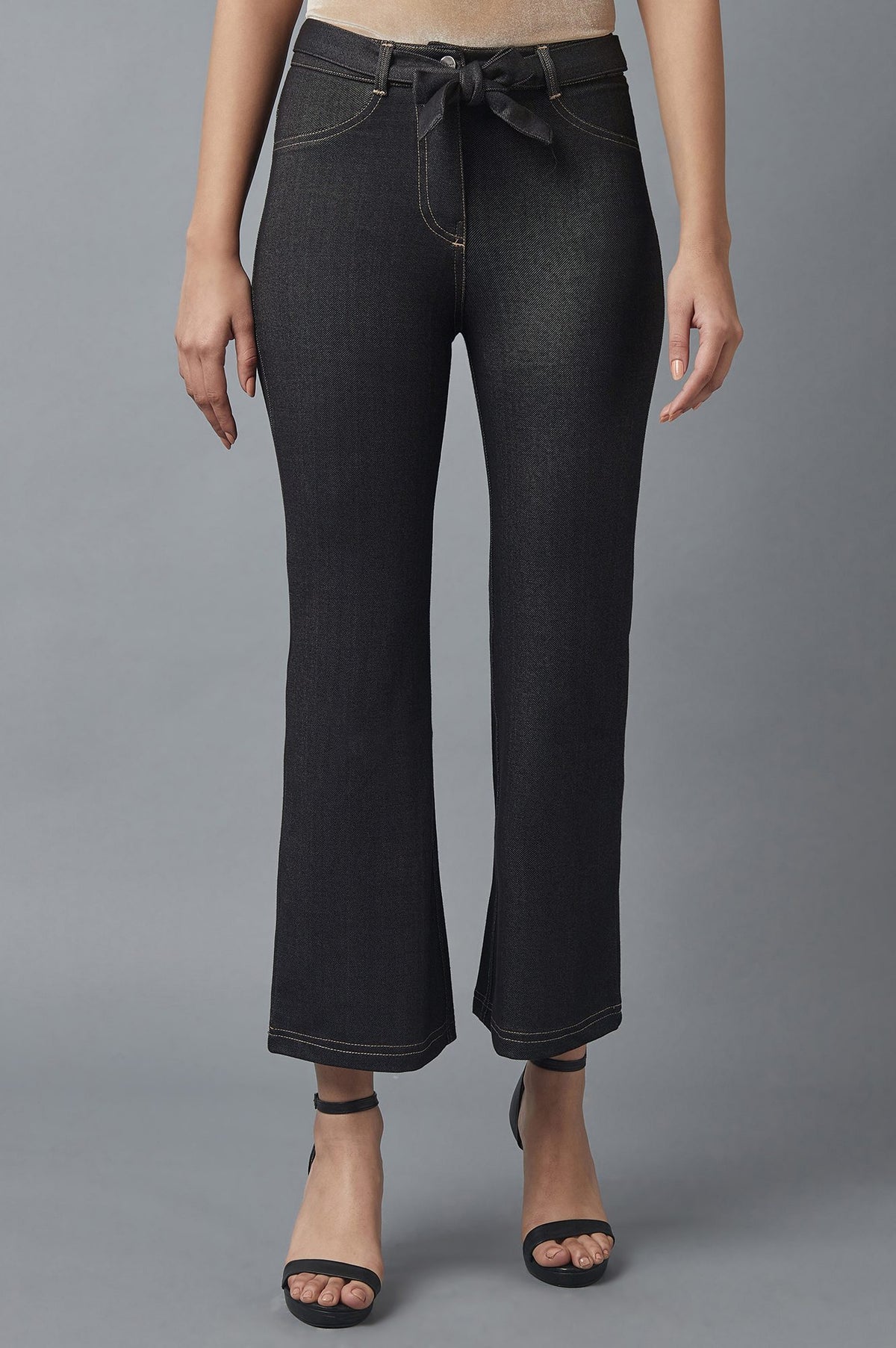 Elleven Women's Black Solid Boot Cut Denim Pants With Waist Belt - S