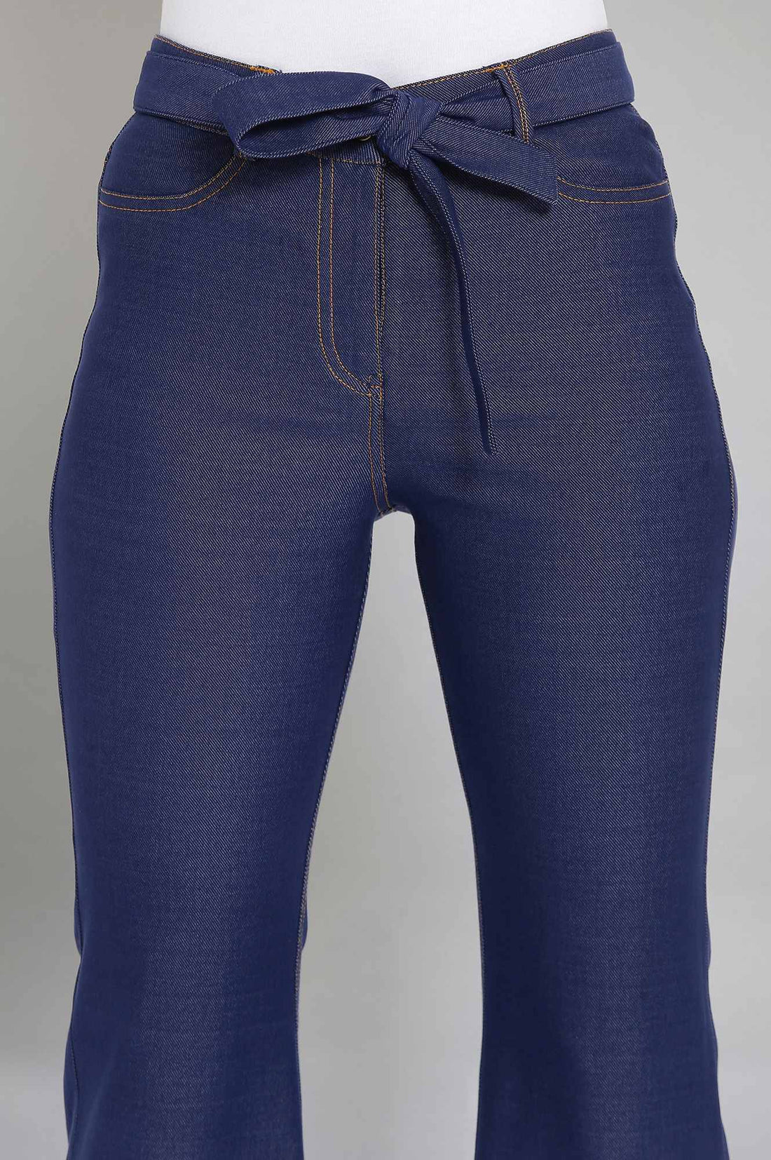 Navy Blue Solid Boot Cut Denim Pants With Waist Belt