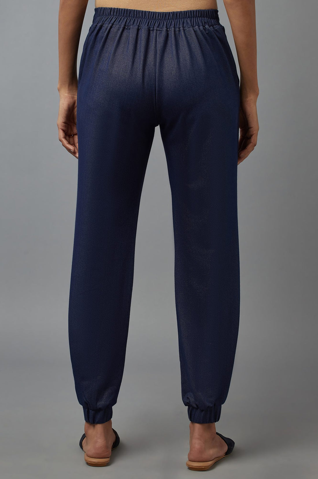 Navy Blue Solid Tapered Cotton Pants With Pleated Detail