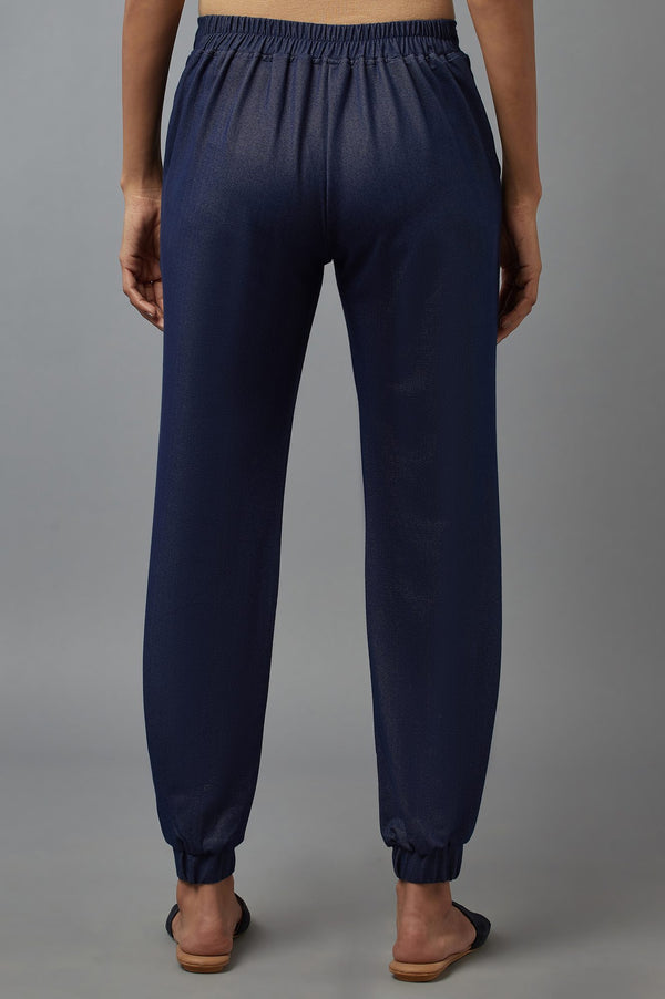 Navy Blue Solid Tapered Cotton Pants With Pleated Detail