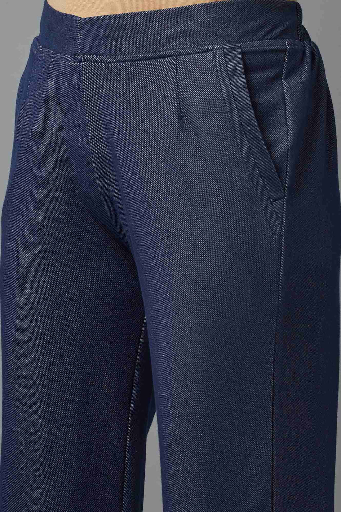 Navy Blue Solid Tapered Cotton Pants With Pleated Detail