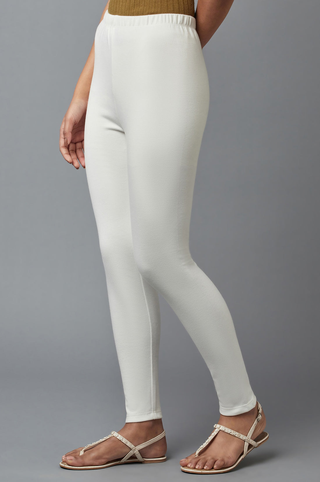 White Solid Skinny Fit Cotton Tights With Elasticated Waistband