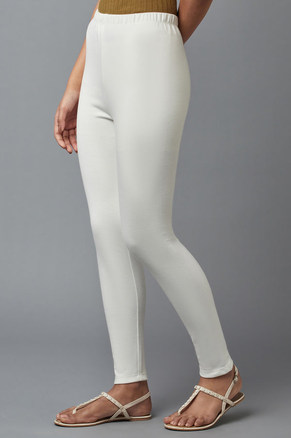 White Solid Skinny Fit Cotton Tights With Elasticated Waistband