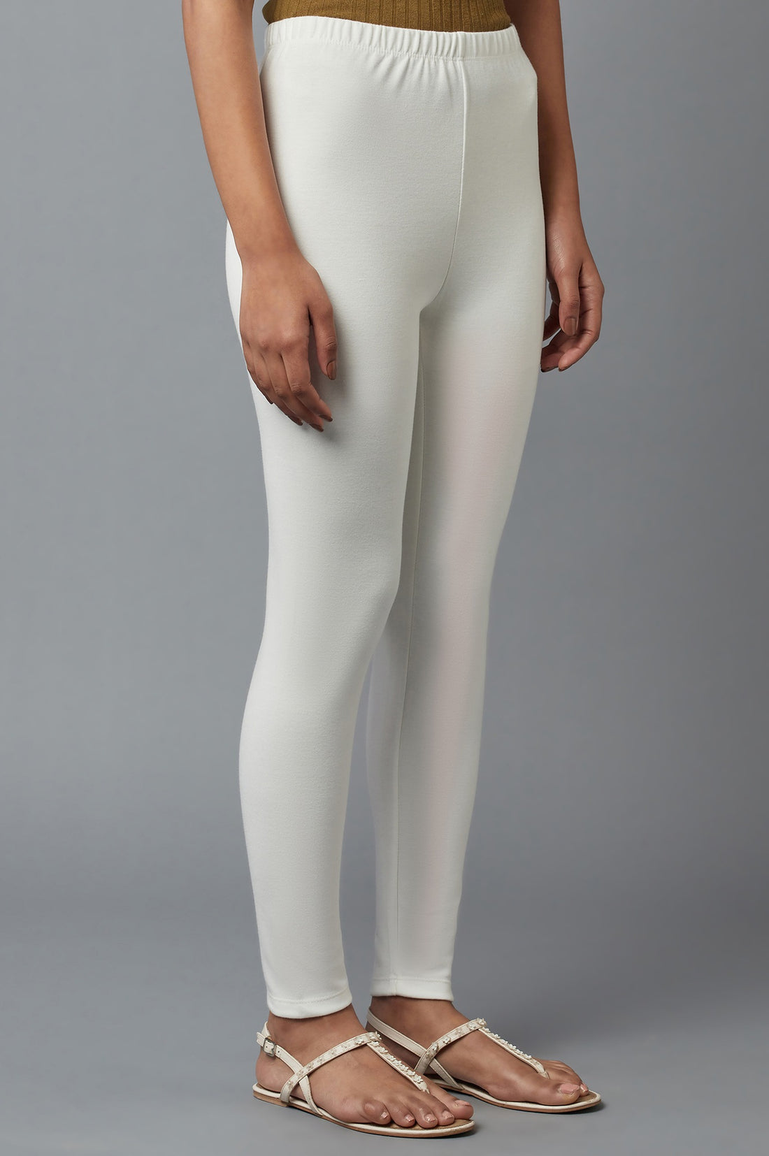 White Solid Skinny Fit Cotton Tights With Elasticated Waistband