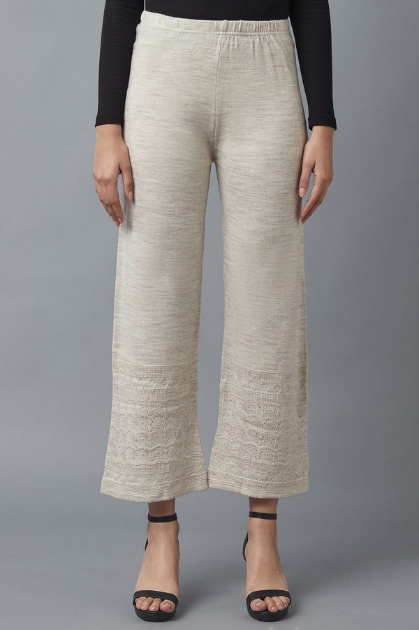 Beige Pointelle Flared Acrylic Palazzo With Elasticated Waist