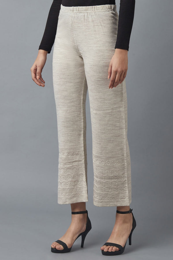 Beige Pointelle Flared Acrylic Palazzo With Elasticated Waist