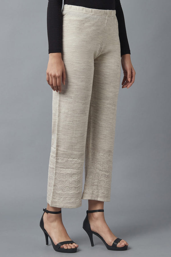 Beige Pointelle Flared Acrylic Palazzo With Elasticated Waist