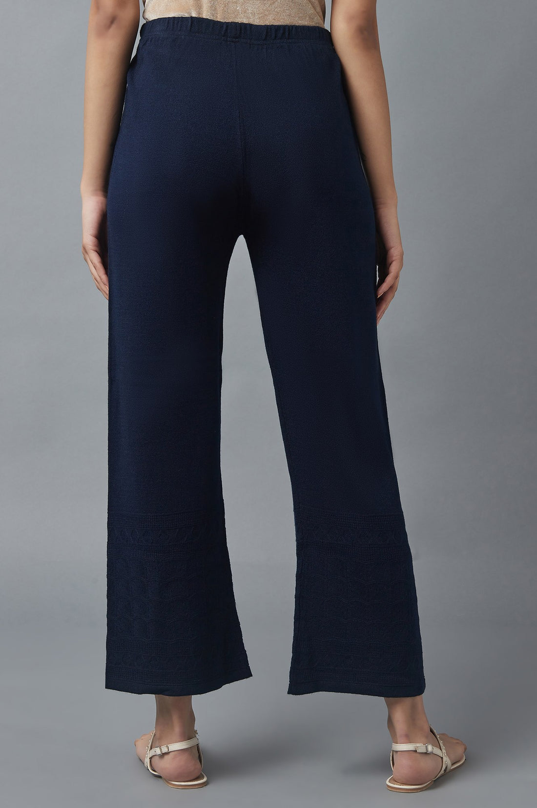 Navy Blue Pointelle Flared Palazzo With Elasticated Waist