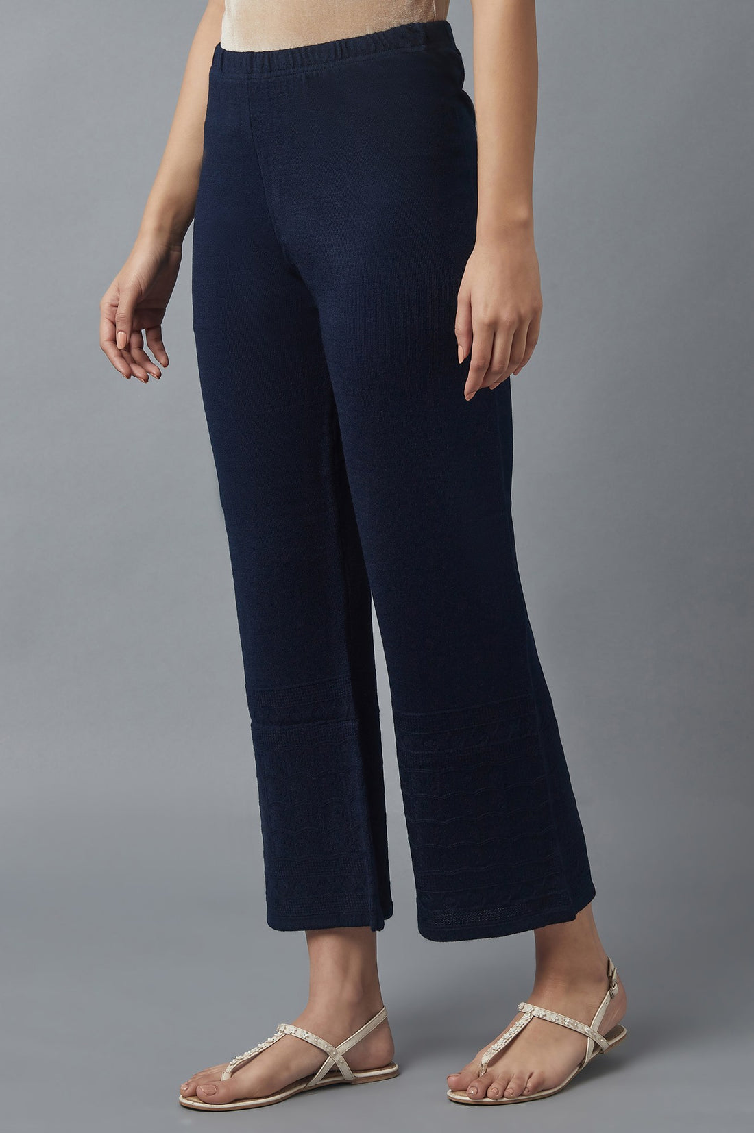 Navy Blue Pointelle Flared Palazzo With Elasticated Waist