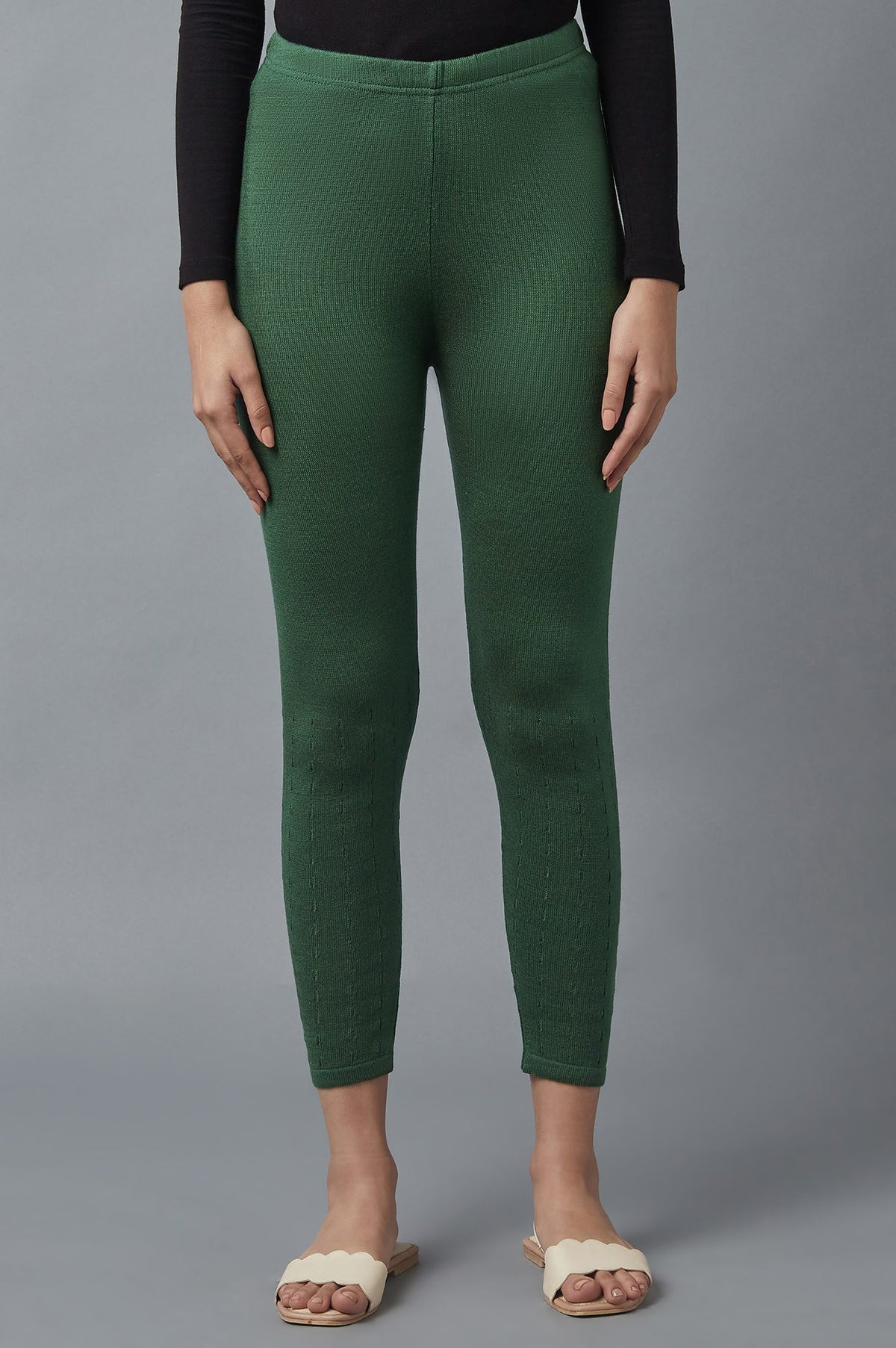 Elleven Women's Green Pointelle Skinny Fit Tights With Elasticated Waist - S