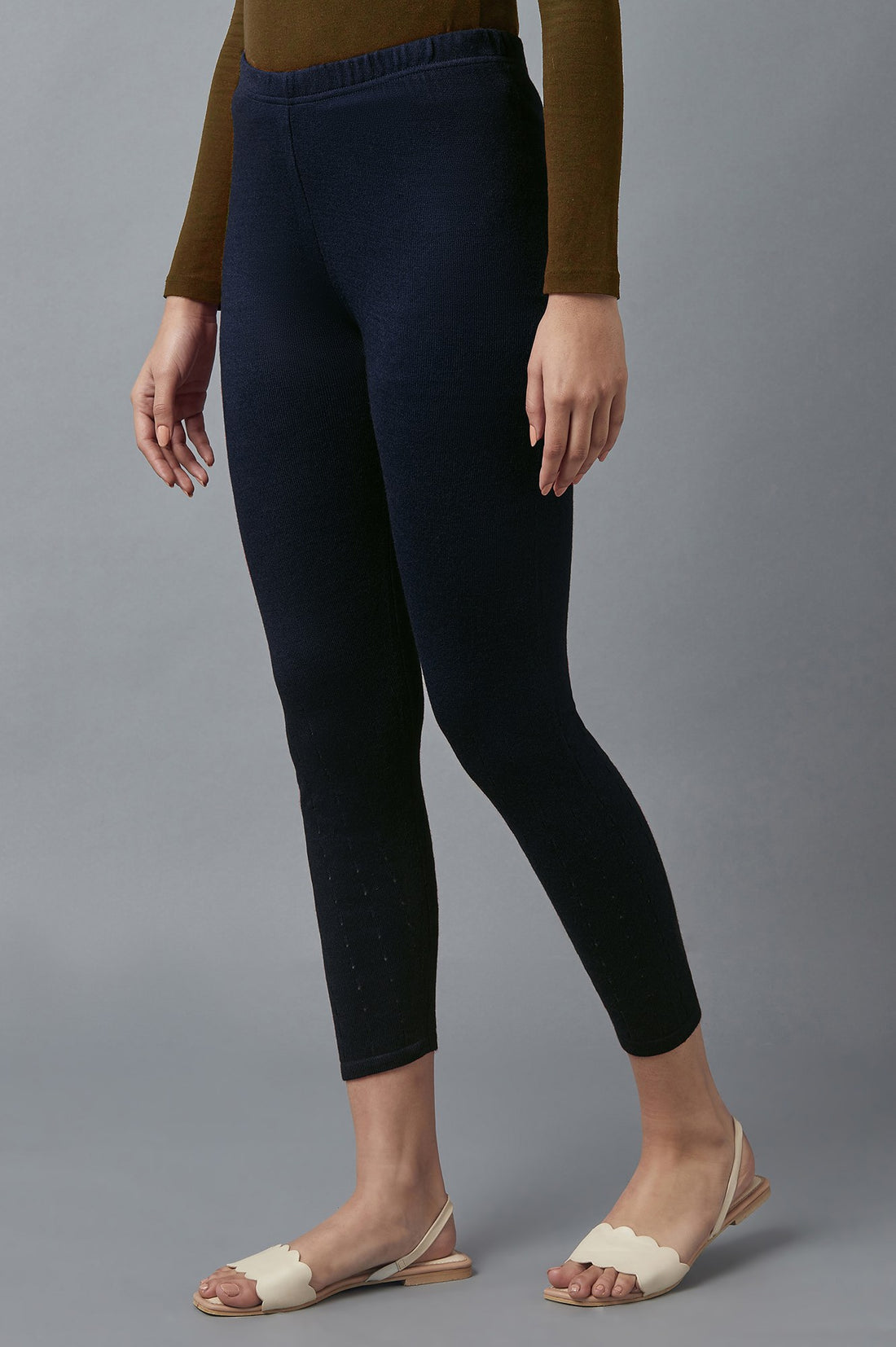 Navy Blue Pointelle Skinny Fit Tights With Elasticated Waist
