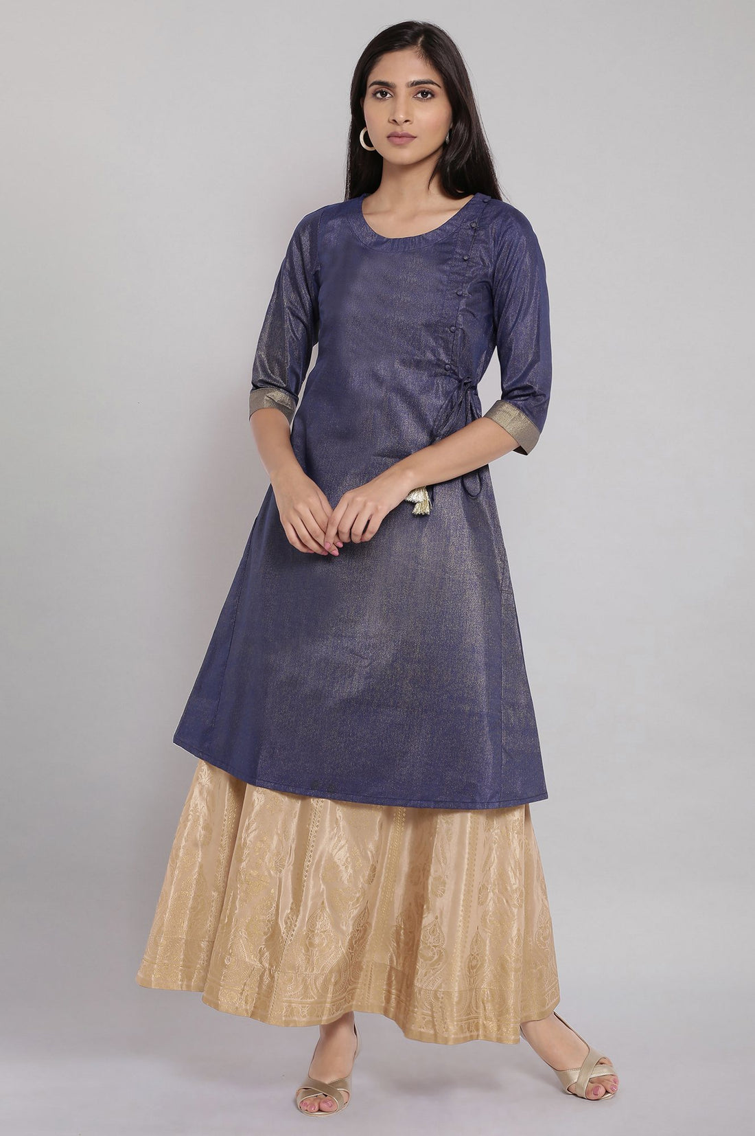 Gold Floral Printed Flared Silk Skirt With Elasticated Waist