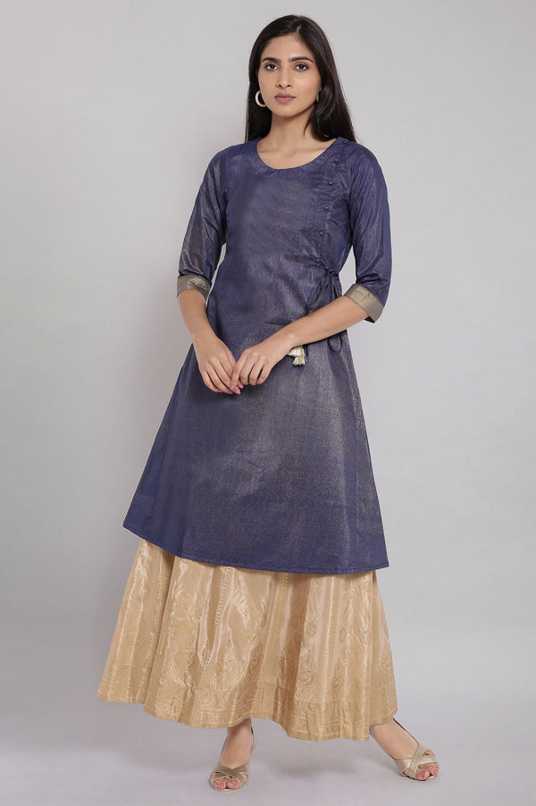 Gold Floral Printed Flared Silk Skirt With Elasticated Waist