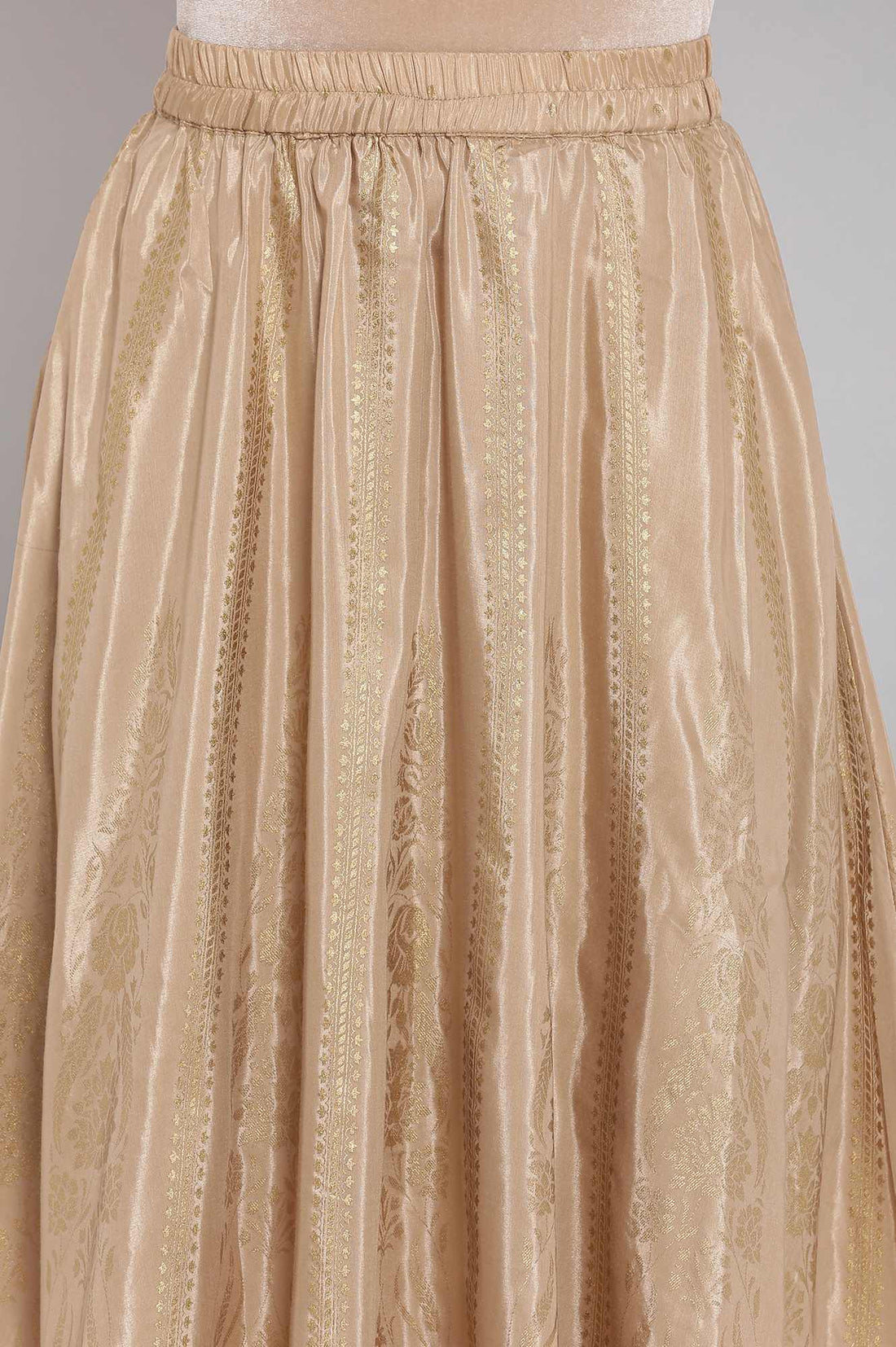 Gold Floral Printed Flared Silk Skirt With Elasticated Waist