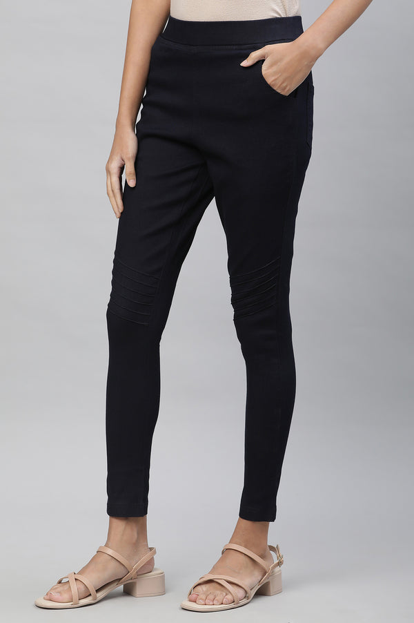 Navy Blue Solid Slim Fit Denim Jeggings With Pintuck Detail