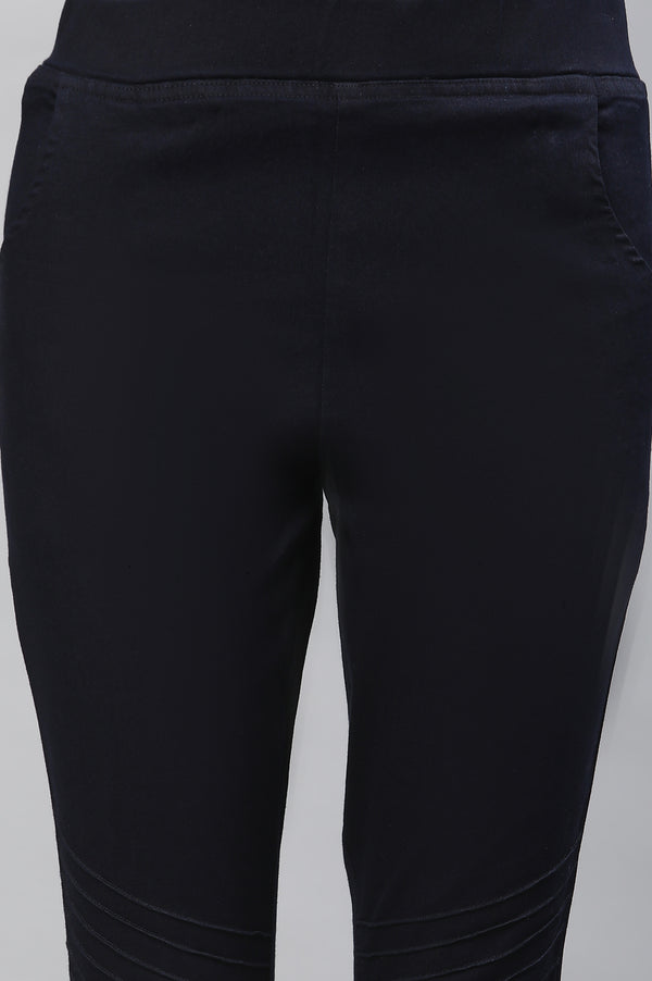 Navy Blue Solid Slim Fit Denim Jeggings With Pintuck Detail