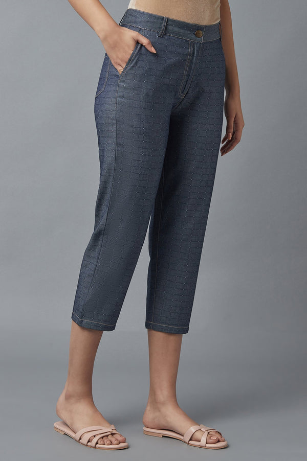 Blue Polka Dots Straight Fit Denim Culottes With Front Zip