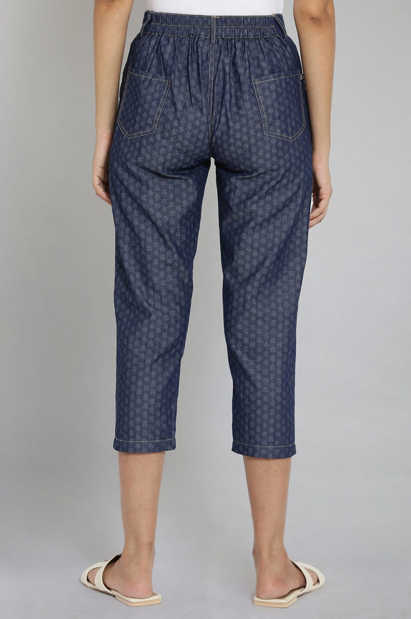 Blue Polka Dots Wide Leg Denim Culottes With Elasticated Waist