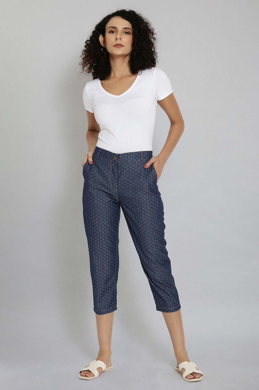 Blue Polka Dots Wide Leg Denim Culottes With Elasticated Waist