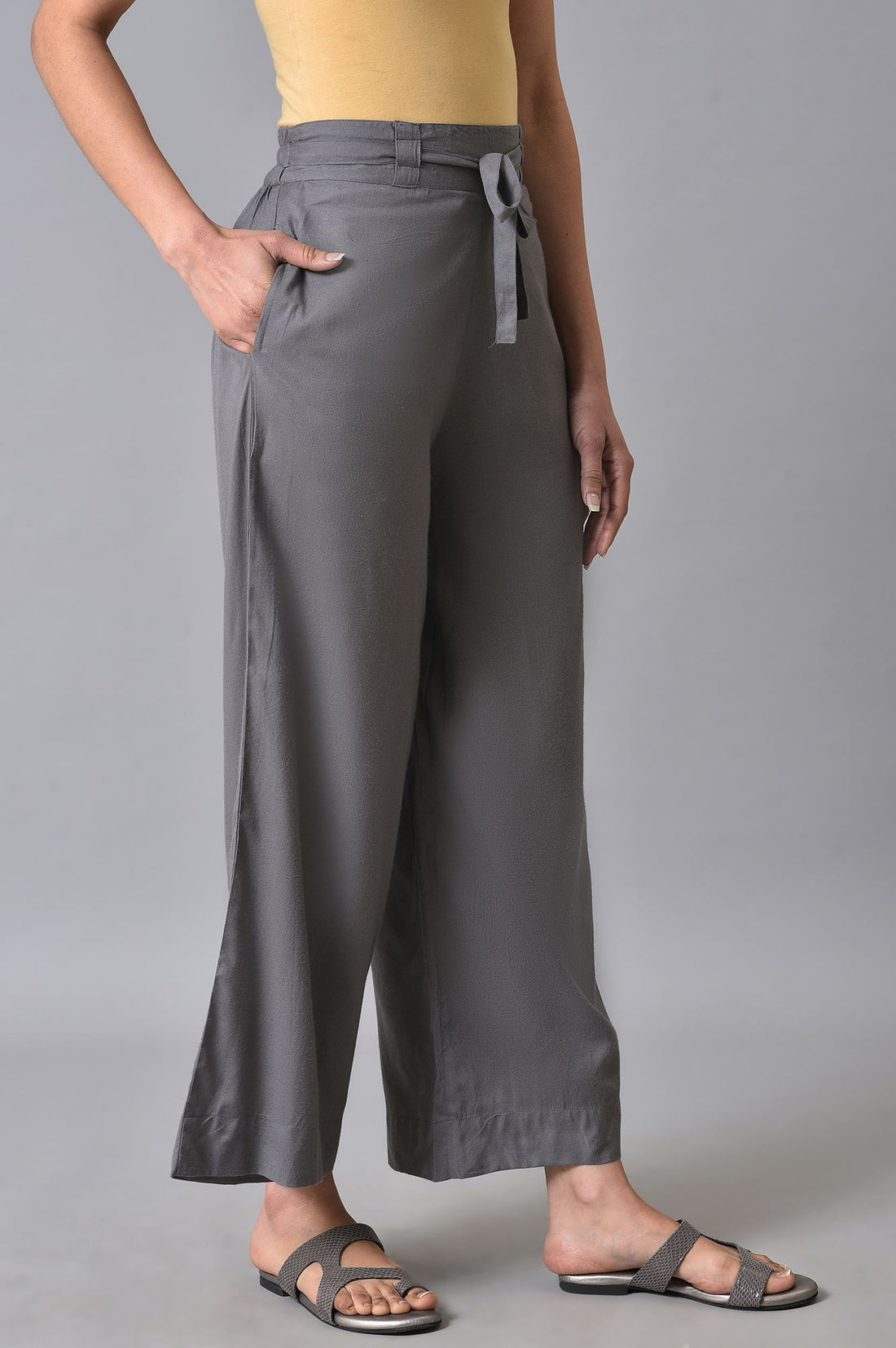 Grey Solid Flared Cotton Palazzo With Elasticated Waist