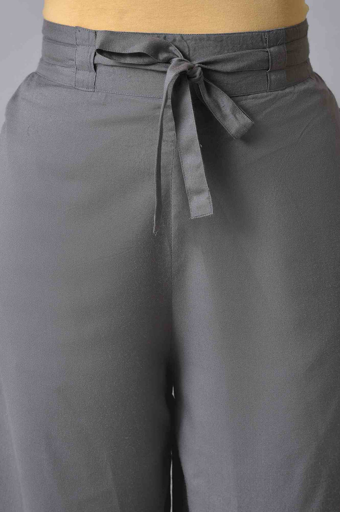 Grey Solid Flared Cotton Palazzo With Elasticated Waist