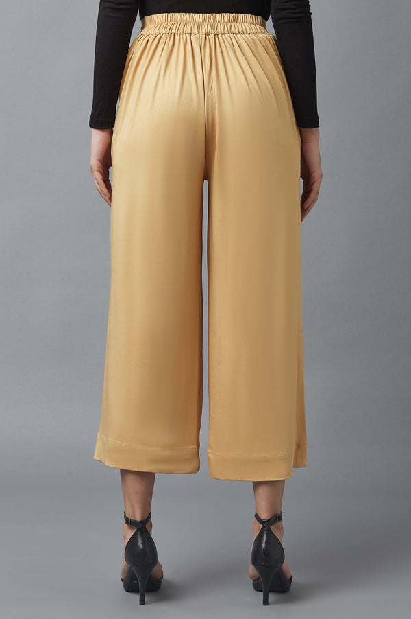 Gold Solid Straight Fit Cotton Palazzo With Side Pockets