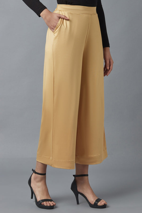 Gold Solid Straight Fit Cotton Palazzo With Side Pockets