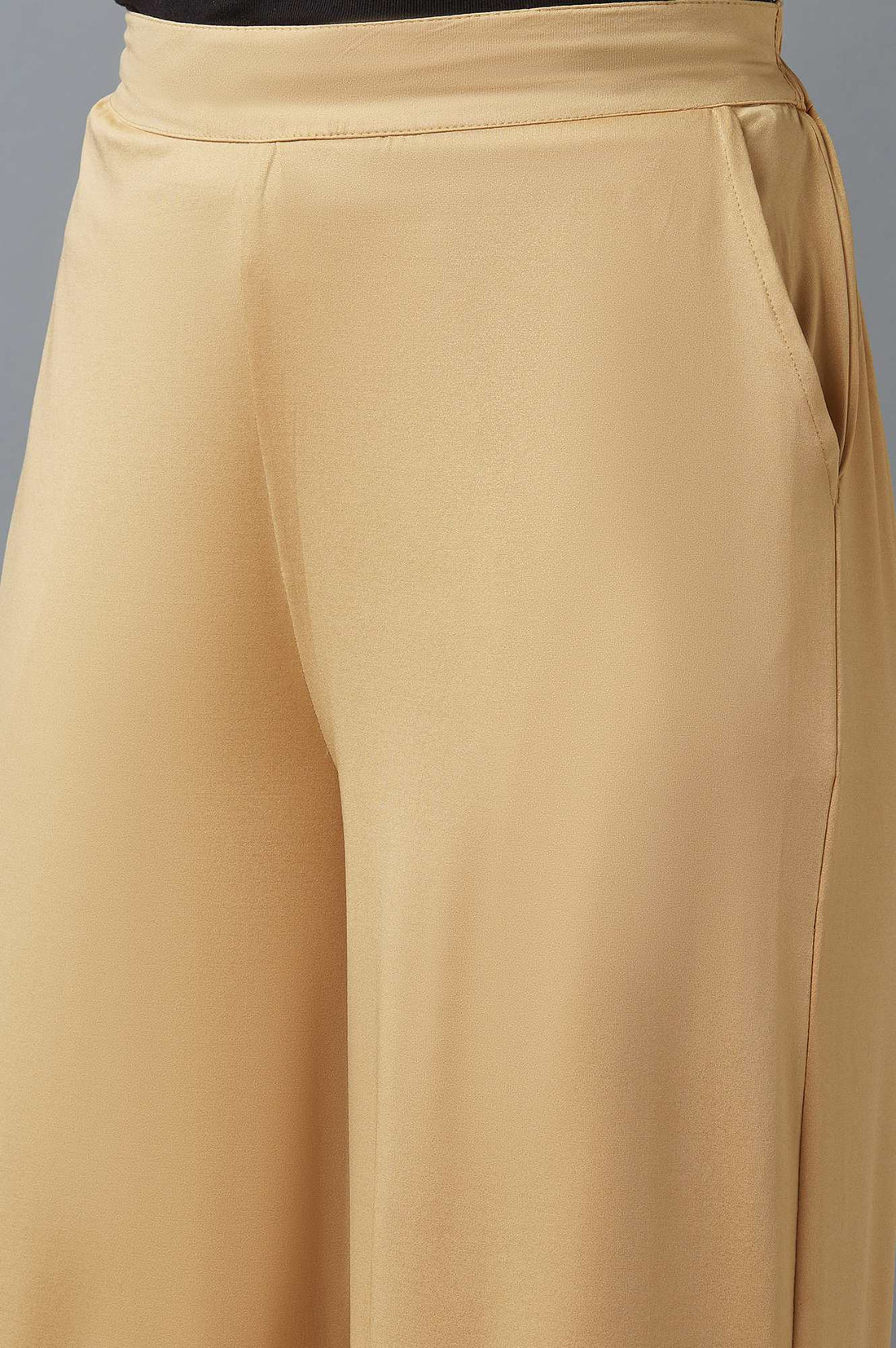 Gold Solid Straight Fit Cotton Palazzo With Side Pockets