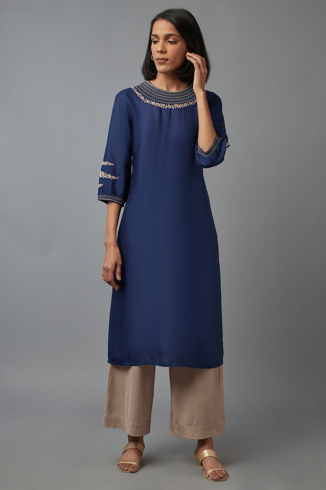 Gold Solid Straight Fit Palazzo With Side Pockets