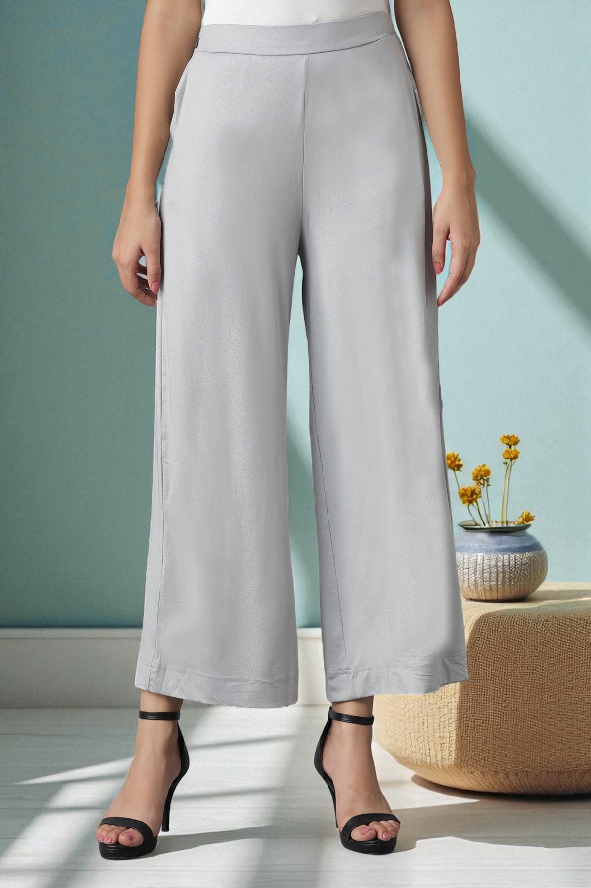 Elleven Women's Silver Solid Straight Fit Cotton Palazzo With Elasticated Waistband - S