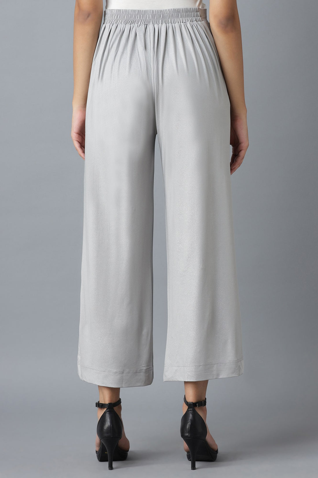 Silver Solid Straight Fit Cotton Palazzo With Elasticated Waistband