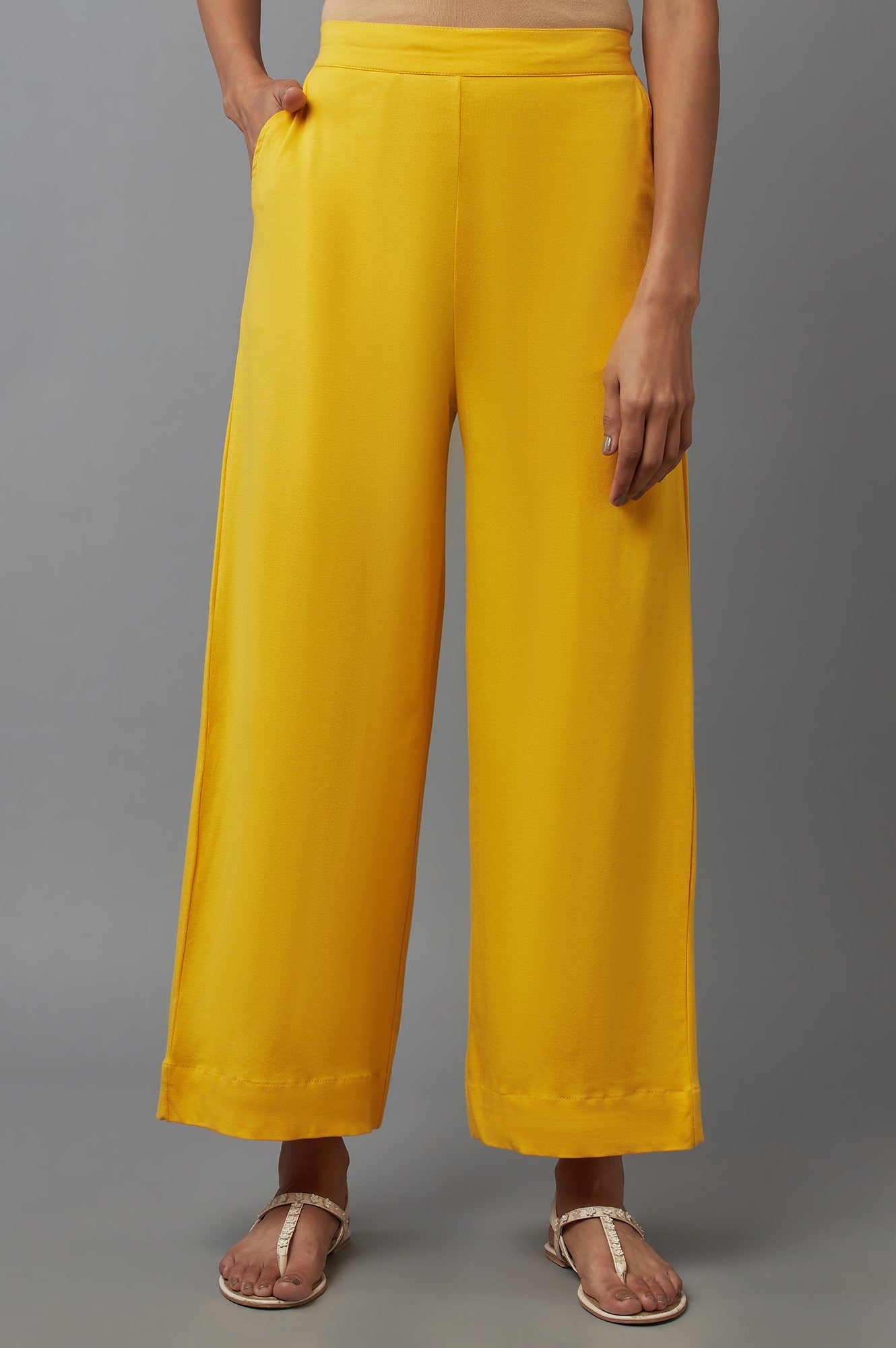 Yellow Cotton Lycra Straight Palazzo