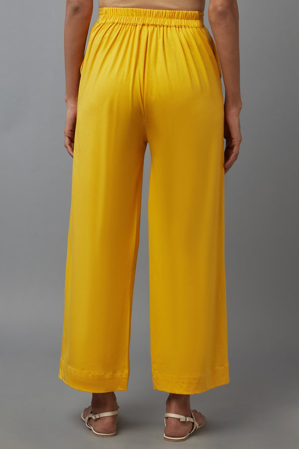 Yellow Solid Straight Fit Cotton Palazzo With Side Pockets