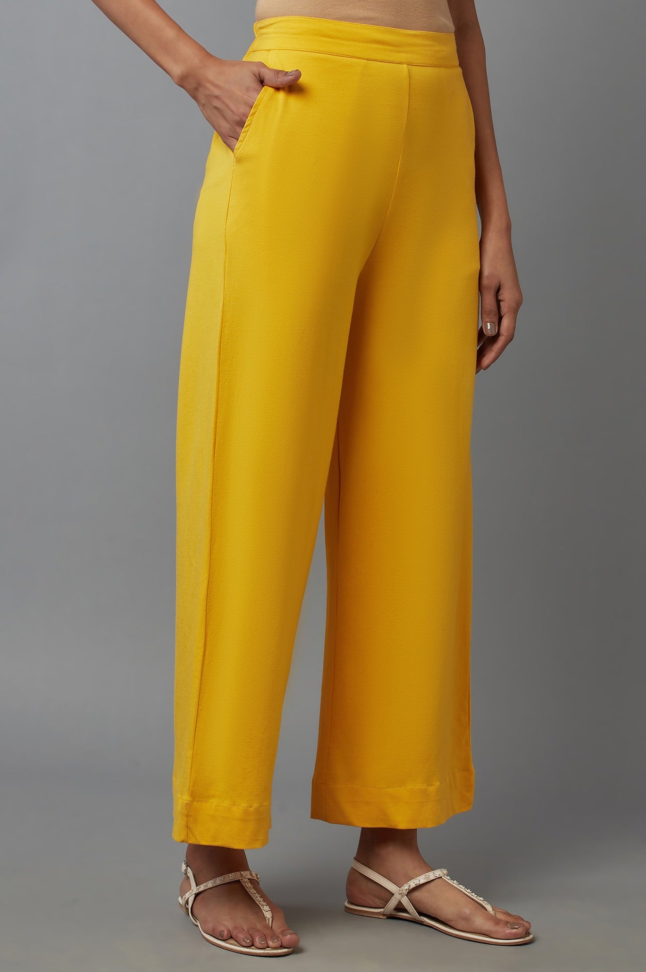 Yellow Cotton Lycra Straight Palazzo