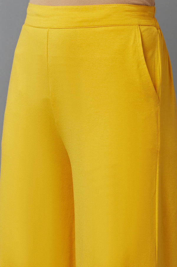Yellow Solid Straight Fit Cotton Palazzo With Side Pockets