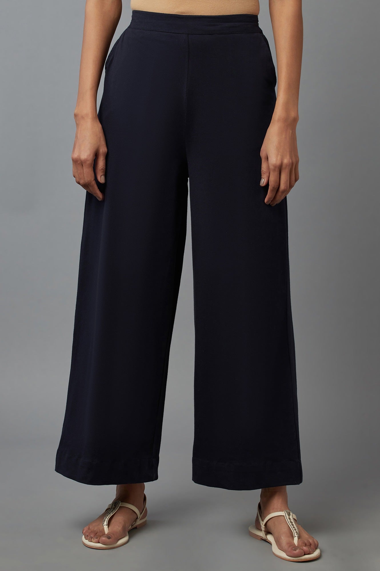 Navy Cotton Lycra Straight Palazzo