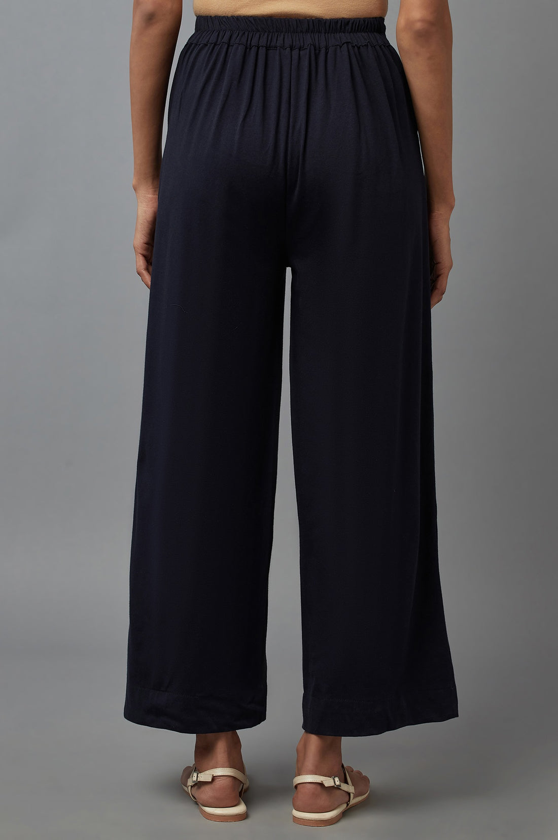 Navy Blue Solid Straight Fit Cotton Palazzo With Side Pockets