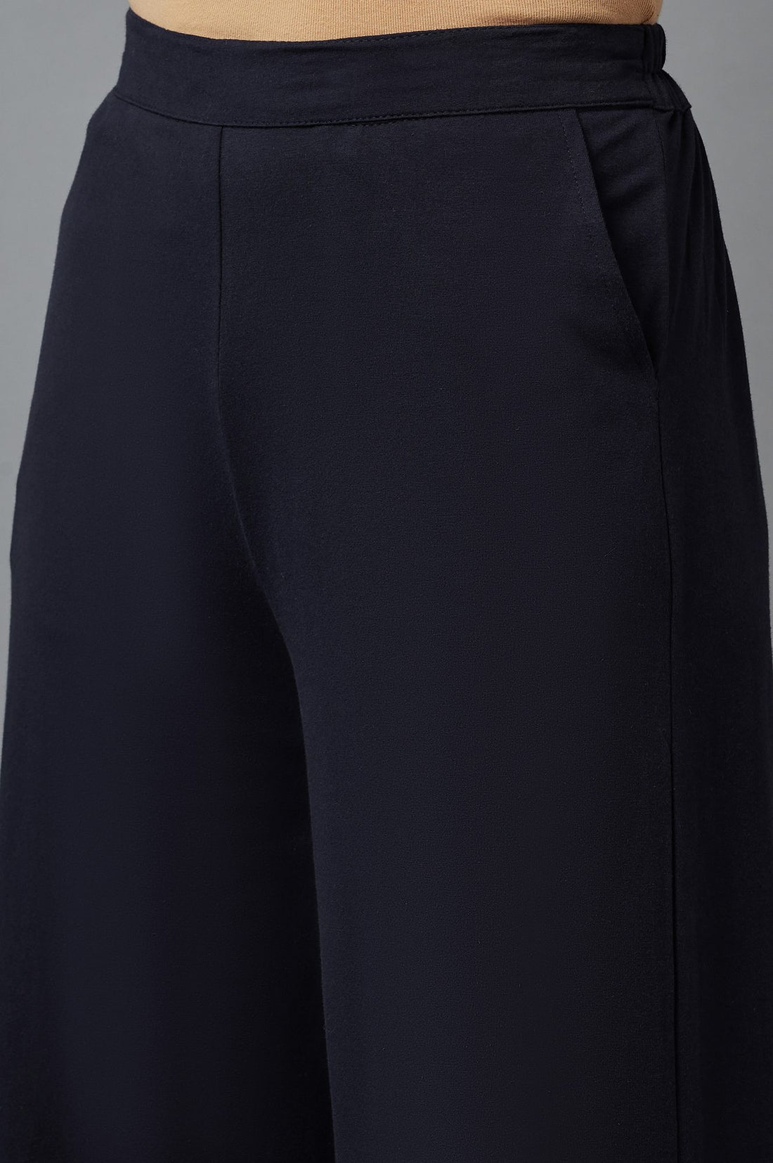 Navy Blue Solid Straight Fit Cotton Palazzo With Side Pockets