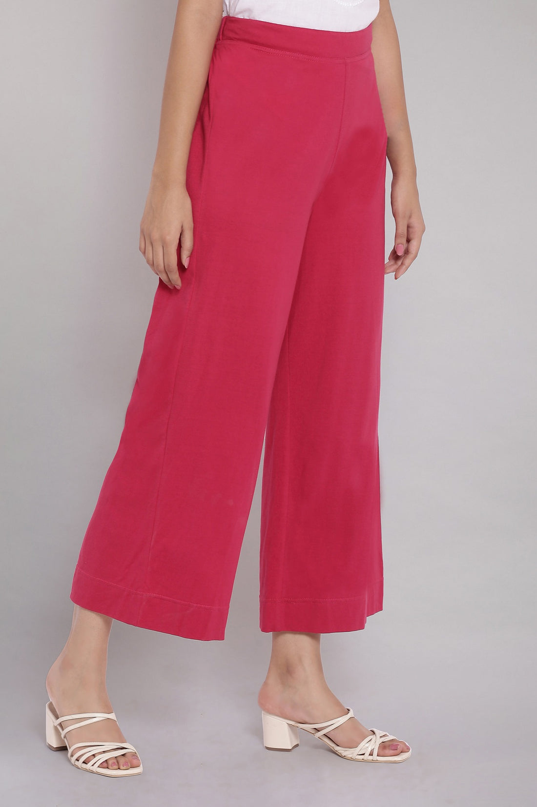 Red Solid Straight Fit Cotton Palazzo With Elasticated Waist