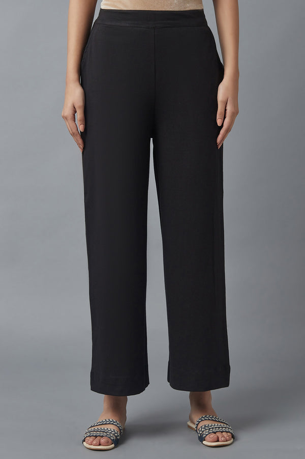 Black Solid Straight Fit Cotton Palazzo With Side Pockets