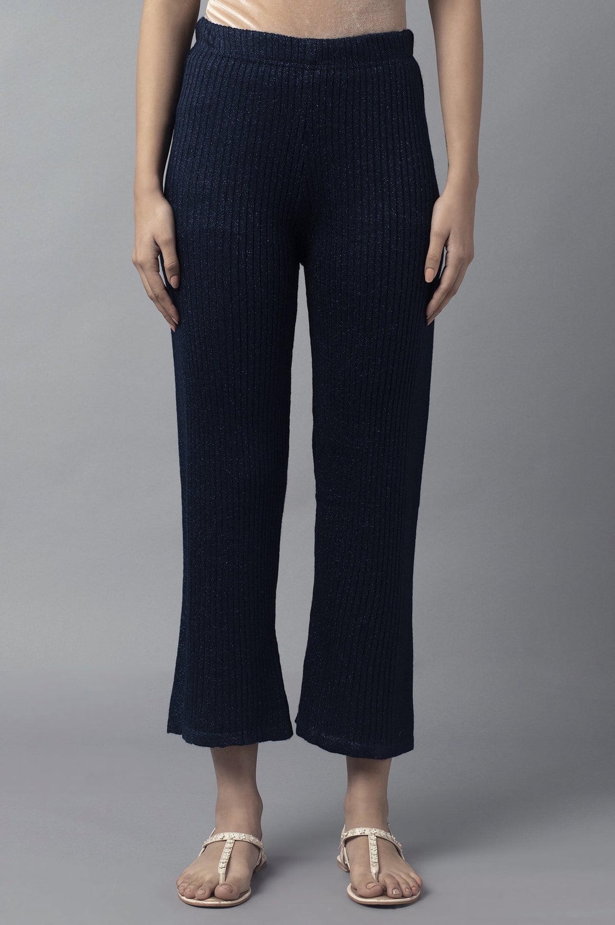 Elleven Women's Navy Blue Solid Boot Cut Palazzo With Elasticated Waist - S